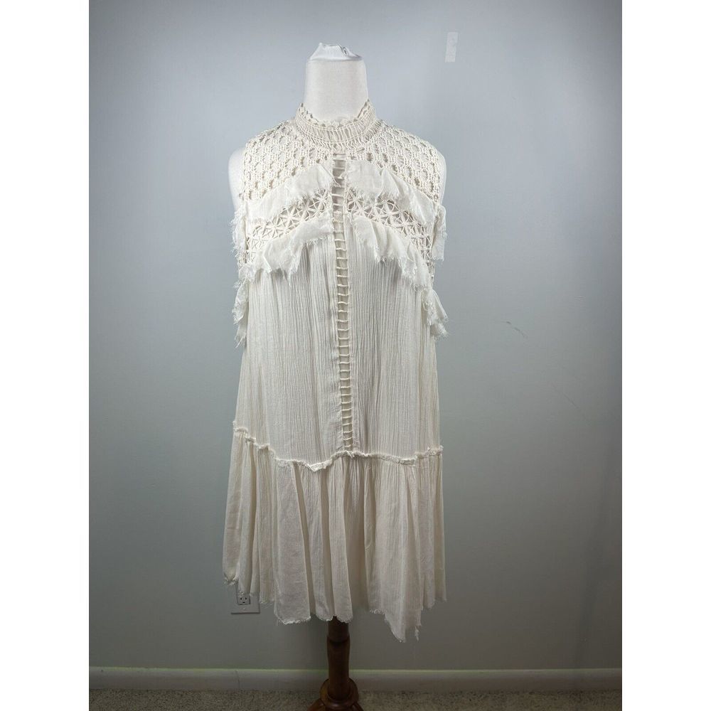 Free People Fp One Ma Jolie Crochet High Neck Boho Ruffle Cream Mini Dress Small